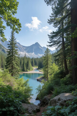 a serene forest scene with a clear blue river flowing through a lush green landscape