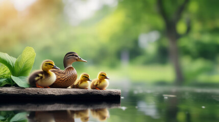 Mother Duck with Ducklings on a Tranquil Pond in Soft Natural Light
