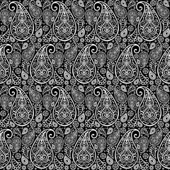 Paisley floral black white pattern.Traditional seamless persia boteh,buta,zoroastrianism.Bohemian,hippie vector abstract style.Designs for print,fabric,clothing,wrap,scarf,bandana,pillows,decoration.