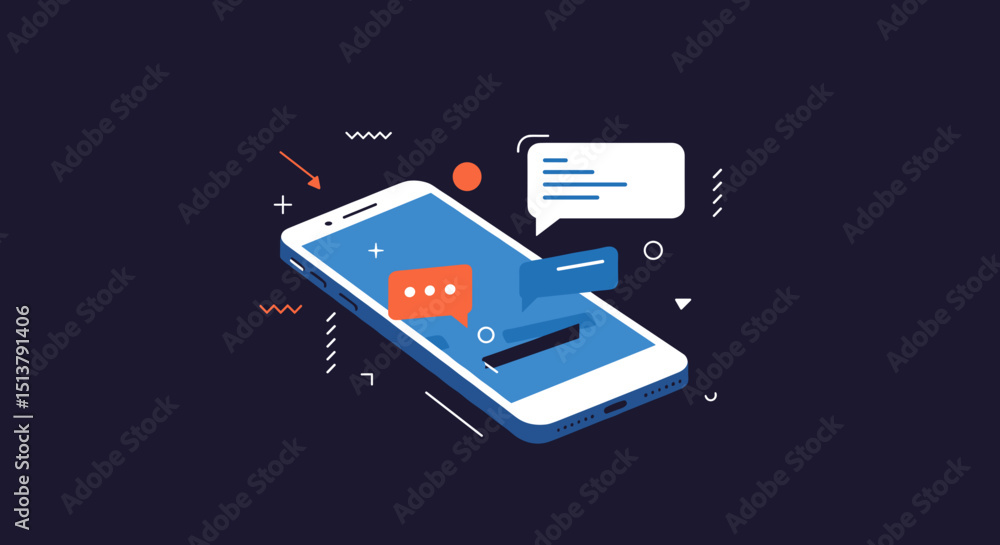 Fototapete smartphone displaying text messages with speech bubbles in graphic style