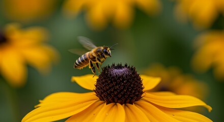 Honeybee Landing on Yellow Flower - A honeybee in flight, about to land on a vibrant yellow flower. Close-up shot showcasing intricate details