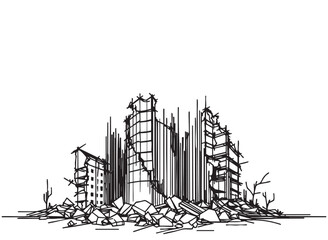 Obraz premium Pen and ink sketchy hand drawing of modern city building destroyed by war, riot or disaster