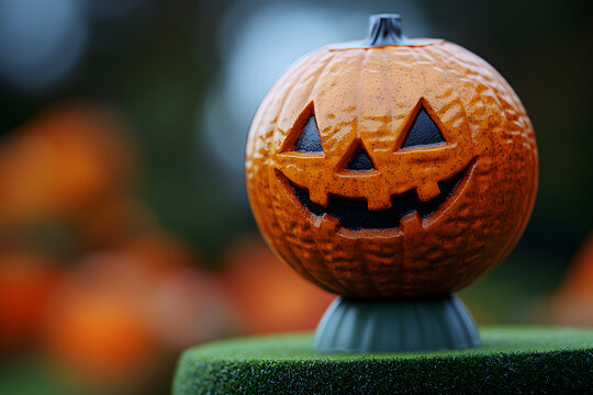 golf ball designed with a carved jack-o'-lantern face, placed atop a green artificial pumpkin-shaped stand, Halloween theme