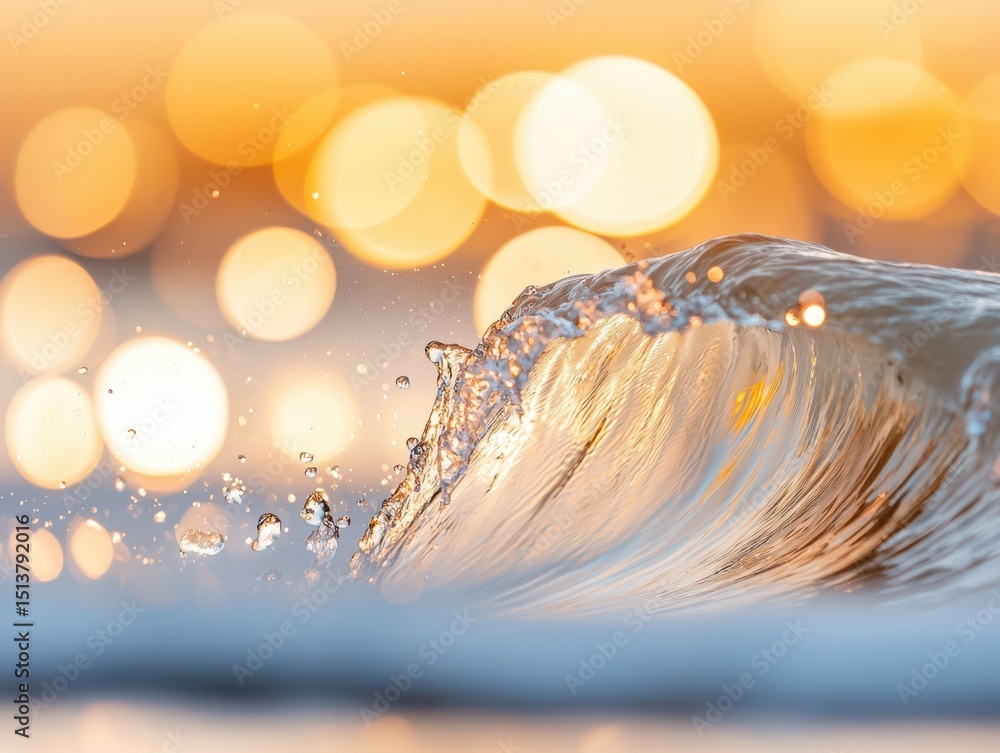 Poster enjoy tropical beach concept. waves crashing with shimmering bokeh lights in a warm sunset glow.