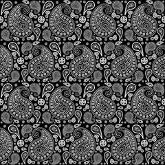 Paisley floral black white pattern.Traditional seamless persia boteh,buta,zoroastrianism.Bohemian,hippie vector abstract style.Designs for print,fabric,clothing,wrap,scarf,bandana,pillows,decoration.