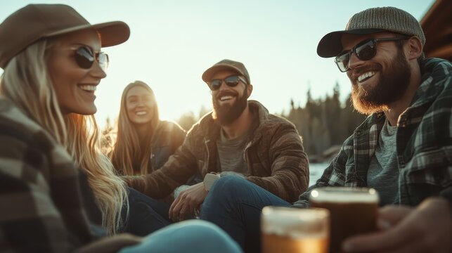 A cheerful group of friends share laughter and drinks by the lakeside during sunset, embodying happiness and camaraderie in a beautiful outdoor setting.