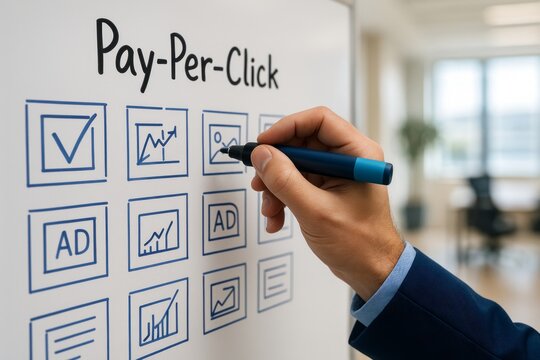 Pay Per Click Marketing Strategy Planning Session Whiteboard Businessman Hand Drawing Icons Charts Graphs Digital Marketing Advertising Campaign Management Process Development Efficient Workflow Team 