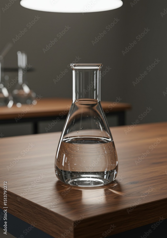 Poster laboratory flask with clear liquid on wooden table - a clear glass flask filled with liquid sits on 