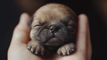 Tiny pug puppy held gently in a hand