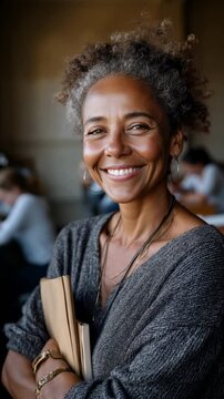 Portrait of a confident senior female teacher standing in a classroom with books in hand, natural light and students studying in the background. Generative AI