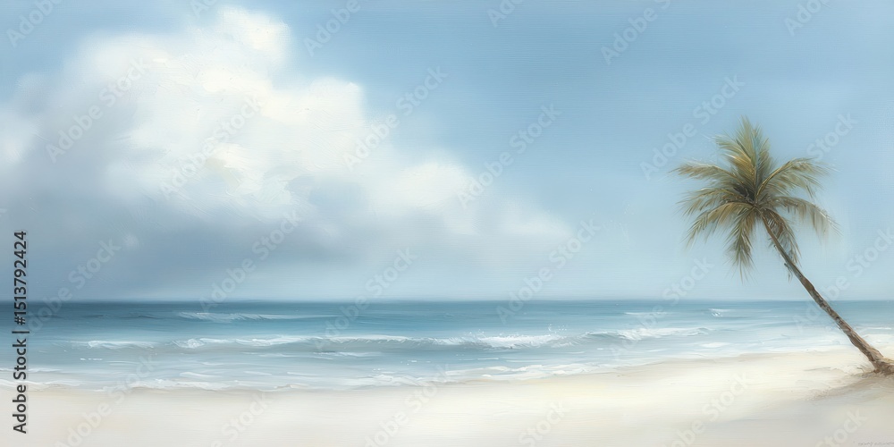 Poster enjoy tropical beach concept. serene beach scene with a palm tree, calm ocean, and soft clouds above