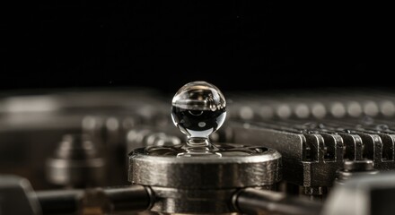 Liquid Sphere on Metallic Surface - Close-up of a perfect spherical droplet of liquid resting on a complex metallic surface. High detail, abstract