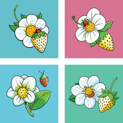 Cartoon Strawberry Blossom Set With Cute Design On Various Color Backgrounds