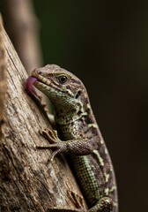 Lizard on Branch Close Up - A close-up of a lizard clinging to a tree branch, showcasing its textured skin and vibrant colors. The symbolizes nature, wildlife, detail, survival and resilience