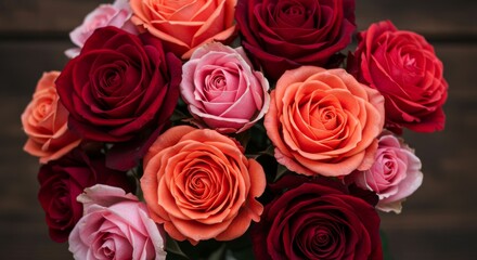 Fototapeta premium Lovely Bouquet of Colorful Roses - A close-up shot of a vibrant bouquet featuring various shades of red, pink, and orange roses