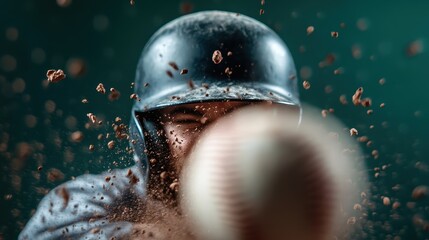 An intense moment captured as a baseball player swings his bat to hit a fast-moving ball, showcasing the adrenaline-filled energy and determination found in sports.