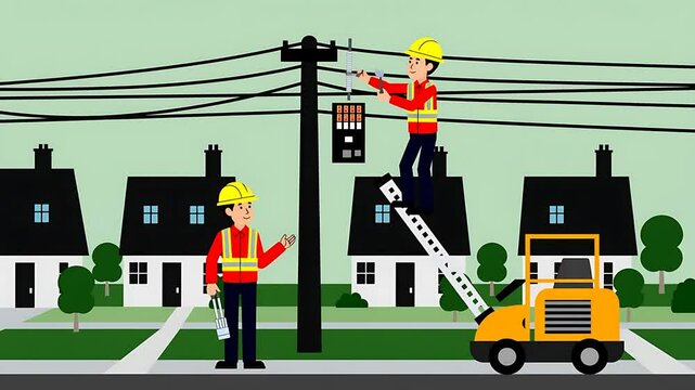 Electricians Working on Power Lines in Suburban Neighborhood