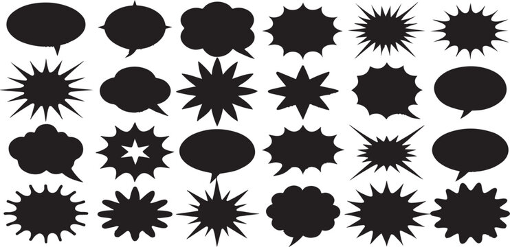 Comic Speech Bubble and Explosion Shape Set – Black Silhouette Vector Icons