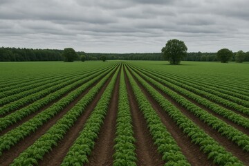 Serene Green Field Rows Lush Vegetation Rural Landscape Agriculture Farmland Countryside Scenery Peaceful Nature Scene Tranquil Agricultural Field Rows Cultivated Land Growing Plants Natural Beauty   