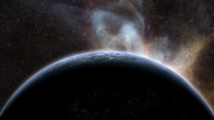 Epic cinematic motion graphic of Earth’s sunrise from orbit, showcasing a glowing blue atmosphere, dramatic lighting, twinkling stars, and vibrant colorful nebula clouds in the vast deep cosmos