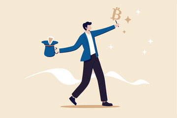Bitcoin mining, high price bitcoin cryptocurrency concept, businessman successfully pull shiny Bitcoin with rabbit ears from magician hat.