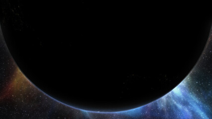 Epic cinematic motion graphic of Earth’s sunrise from orbit, showcasing a glowing blue atmosphere, dramatic lighting, twinkling stars, and vibrant colorful nebula clouds in the vast deep cosmos