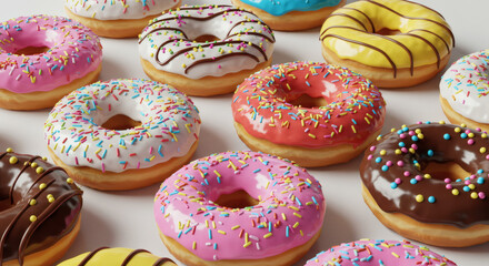 Sweet Delights: A vibrant array of delicious donuts, each adorned with a unique glaze and colorful sprinkles, inviting indulgence.