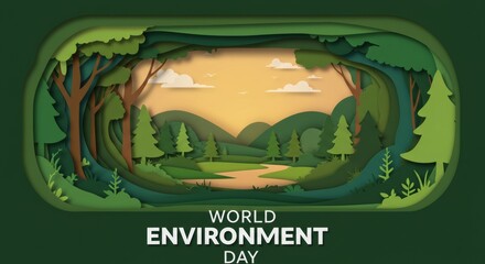 Celebrating World Environment Day A Paper Cut Art Landscape of Lush Forests and Serene Hills