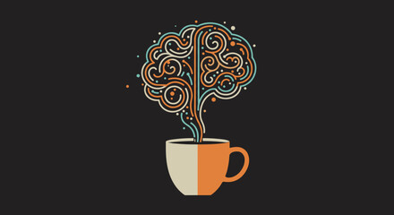 Coffee cup with swirling brain illustration in vibrant colors  