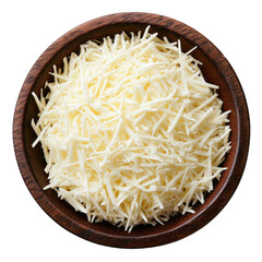 Grated cheese in wooden bowl isolated on transparent background