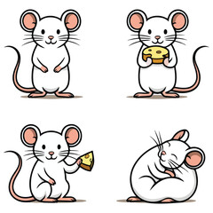 Four white cartoon mice standing eating cheese holding cheese and sleeping