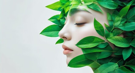 Double Exposure Portrait with Green Leaves Serene Human Nature Blend in Ethereal Style
