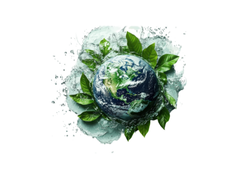 A planet with water and leaves surrounding it