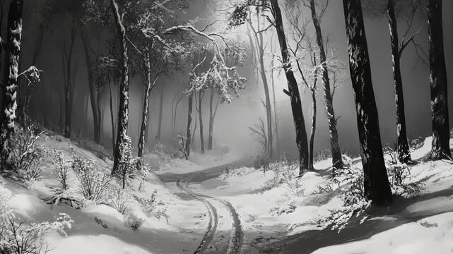 Serene winter landscape featuring a snow-covered path winding through a misty forest, evoking tranquility
