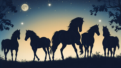 A Serene Nocturnal Landscape Featuring Multiple Elements

