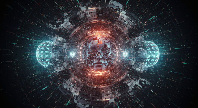 AI Core Mandala Sacred Geometry Robot Parts Holographic Binary 4K