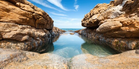 Fototapeta premium Enjoy tropical beach concept. Serene coastal rocks framing a tranquil pool of water under a clear blue sky.
