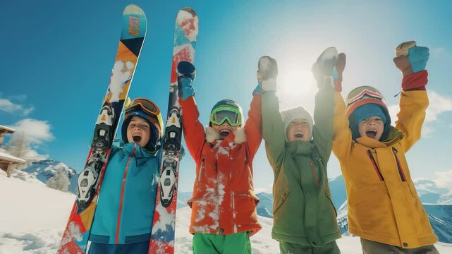 Joyful children celebrate a sunny ski day. Dressed in colorful snow gear, they hold skis aloft against a backdrop of snow-covered mountains and a bright blue sky, conveying winter fun.