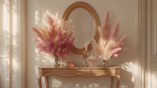 Elegant console table with pastel pink flowers and a mirror