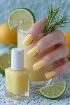 Sunshine splendor: a delicate hand adorned with lemon yellow nails beside a refreshing citrus beverage