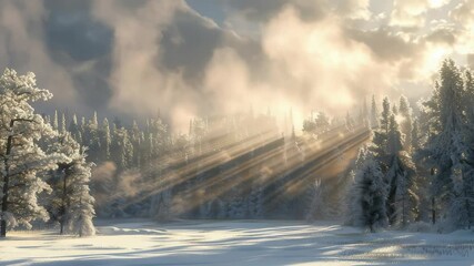 Winter's Embrace: Sunlit Snowscape with Forest. Radiant sunlight pierces through the frosty trees in a snowy forest, creating a serene winter scene. - Powered by Adobe
