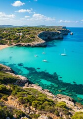 Secluded Cove Turquoise Waters - Stunning aerial view of a secluded cove with crystal-clear turquoise water, surrounded by lush greenery and rocky cliffs. Several sailboats are visible in the calm bay