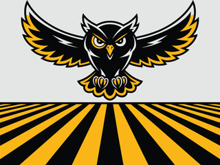 Vector illustration of a fierce-looking owl with black and yellow coloring, wide-spread wings, and a bold striped background. Ideal for use in mascot logos, sports team branding, esports.