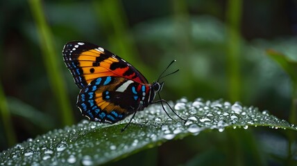Fototapeta premium Colorful butterfly on dew covered leaf in lush garden