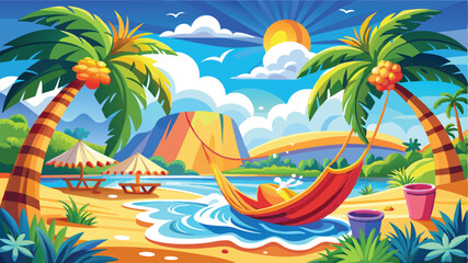 Tropical island beach with palm trees and sun