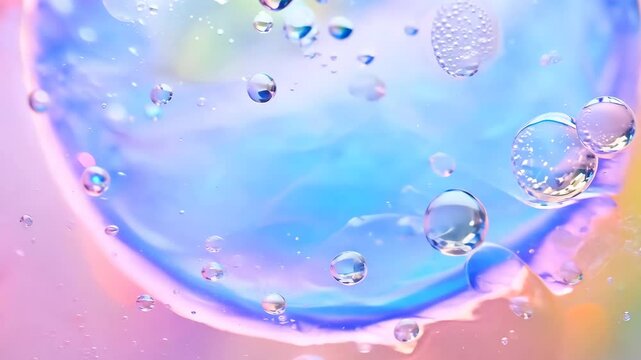 Pink foaming soap and bubbles of washing cleanser close up. Hyaluronic acid liquid makeup remover micellar water facial skin care. Powder foam close up background. Transparent cleaner. Shampoo texture