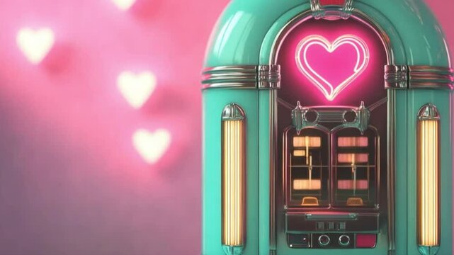 Vintage jukebox with a heart-shaped neon light, set against a soft pink background with blurred hearts