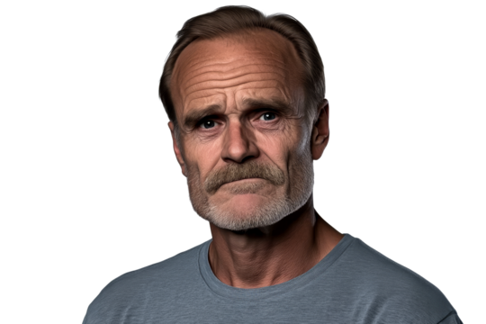 Serious elderly man portrait with mustache isolated, cut out transparent