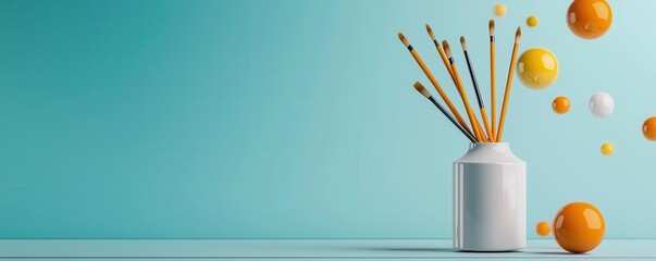 Minimalist still life with a glass of orange juice, a palm leaf, and a white vase on a yellow background.