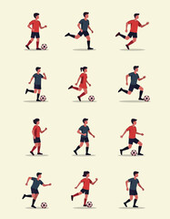 Flat vector illustrations of male and female football players in dynamic actions. Sports activity concept
